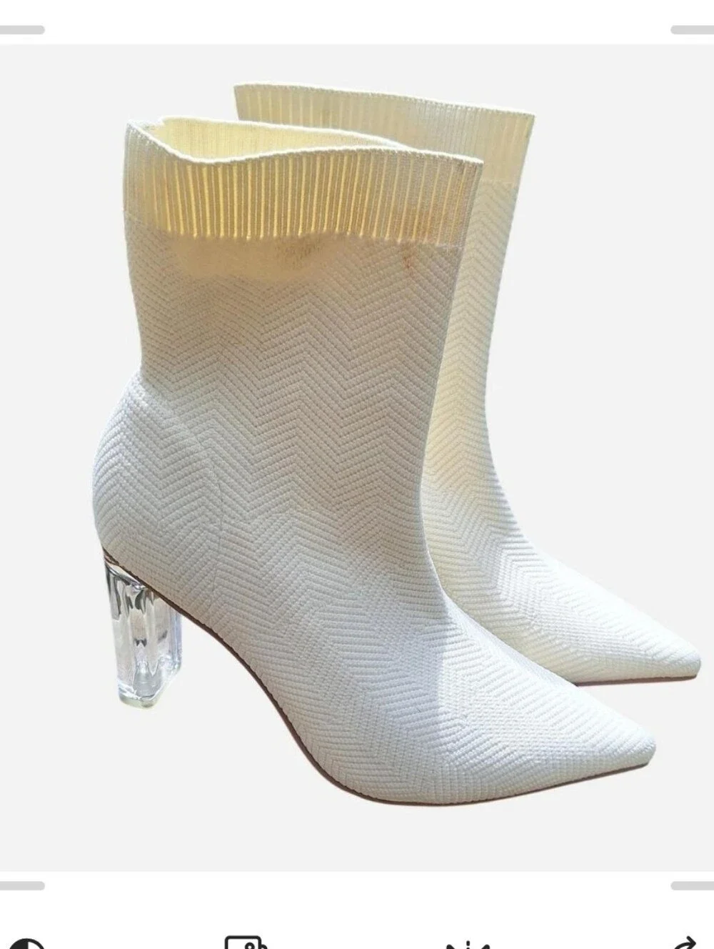 White Knit Sock Booties with Clear Block Heel